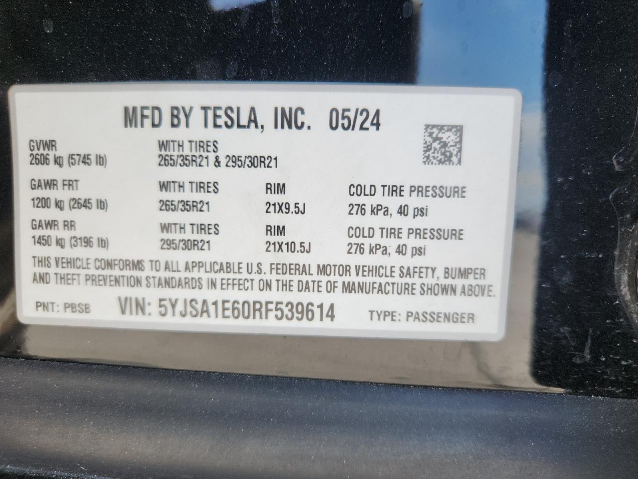 2024 Tesla Model S VIN: 5YJSA1E60RF539614 Lot: 86287055