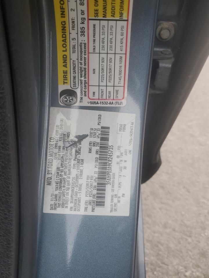 2012 Ford Fusion Sel VIN: 3FAHP0JA9CR245735 Lot: 86302075