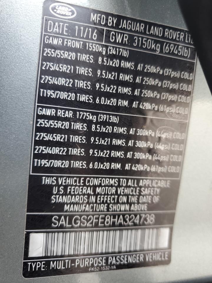 2017 Land Rover Range Rover Supercharged VIN: SALGS2FE8HA324738 Lot: 85749215