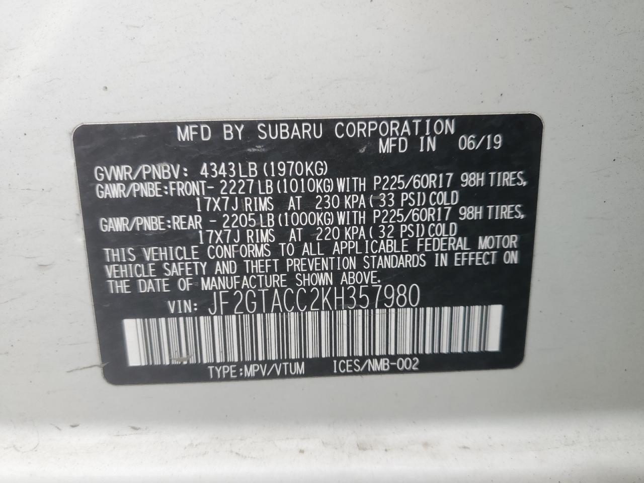 2019 Subaru Crosstrek Premium VIN: JF2GTACC2KH357980 Lot: 82368525