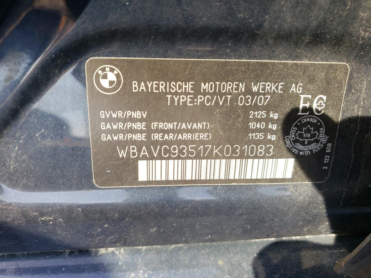 2007 BMW 328 Xi VIN: WBAVC93517K031083 Lot: 81987295