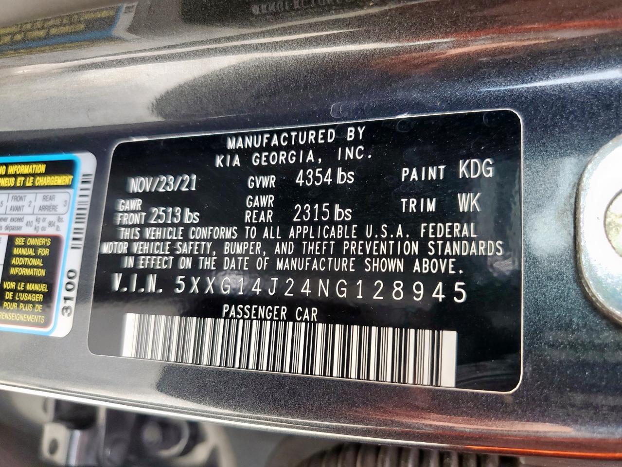 2022 Kia K5 Lxs VIN: 5XXG14J24NG128945 Lot: 85365935