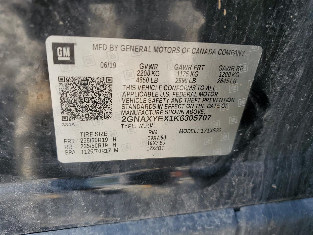 2019 Chevrolet Equinox Premier VIN: 2GNAXYEX1K6305707 Lot: 84303665