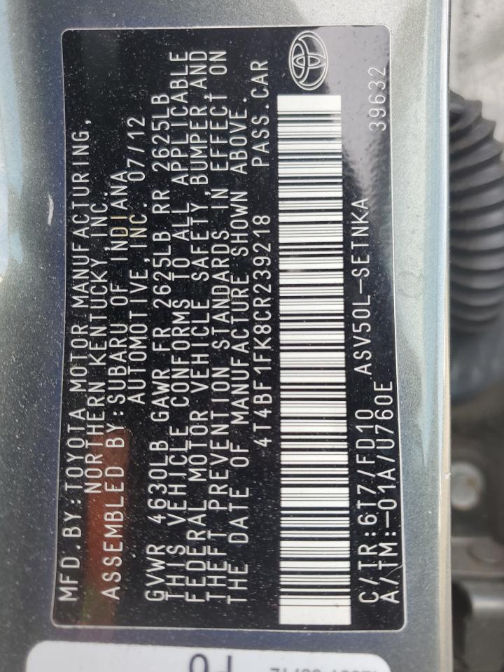 2012 Toyota Camry Base VIN: 4T4BF1FK8CR239218 Lot: 84565745