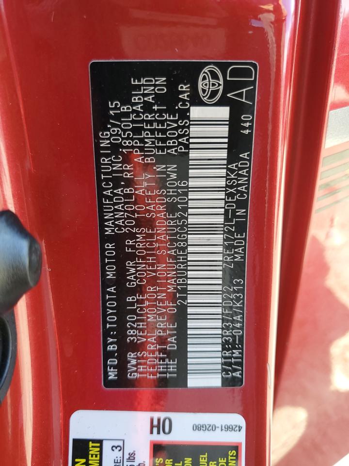 2016 Toyota Corolla L VIN: 2T1BURHE8GC521016 Lot: 85753145