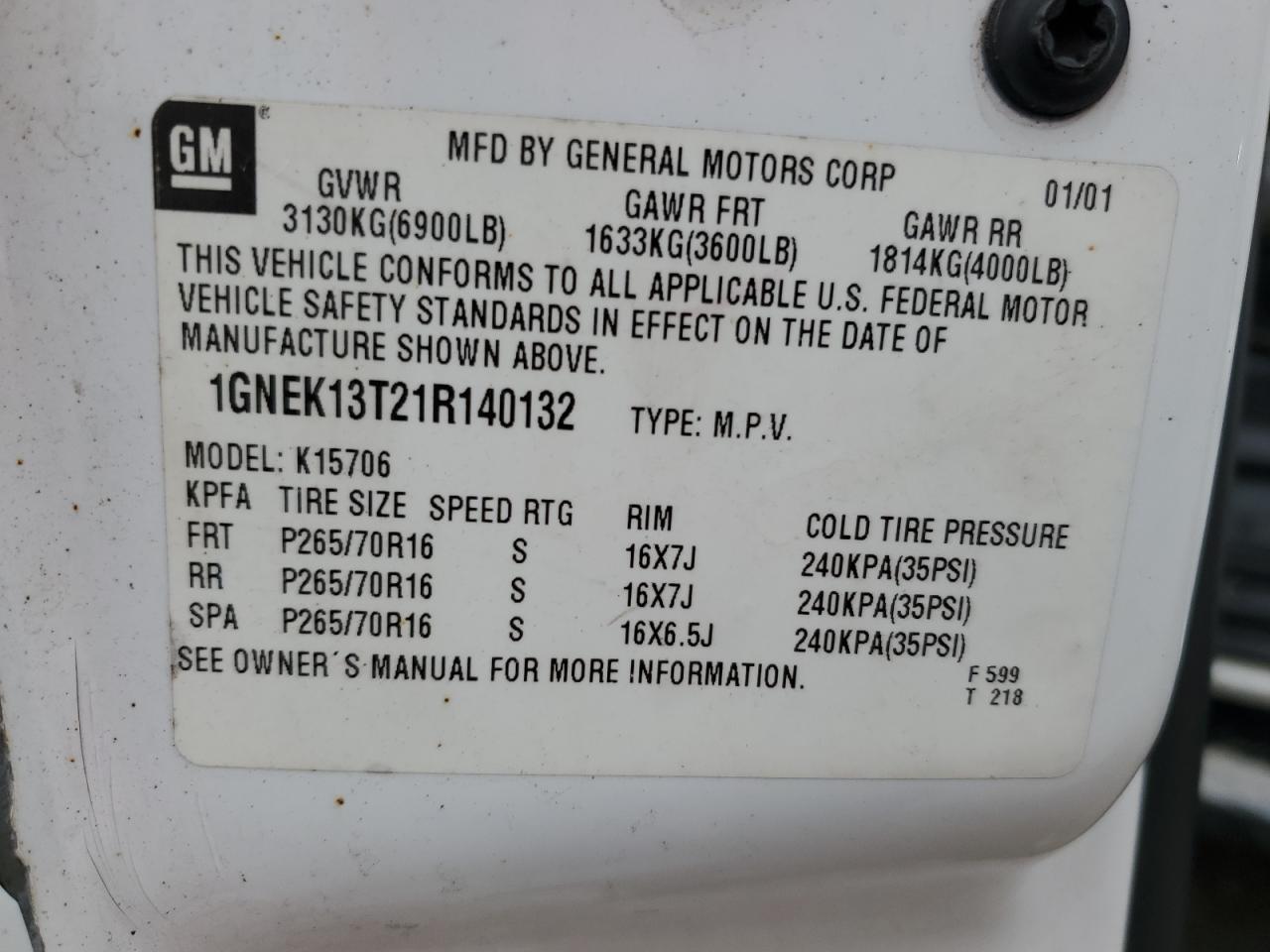 2001 Chevrolet Tahoe K1500 VIN: 1GNEK13T21R140132 Lot: 90397955