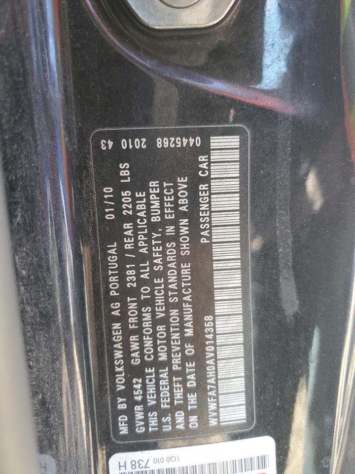 2010 Volkswagen Eos Lux VIN: WVWFA7AH0AV014358 Lot: 82289745