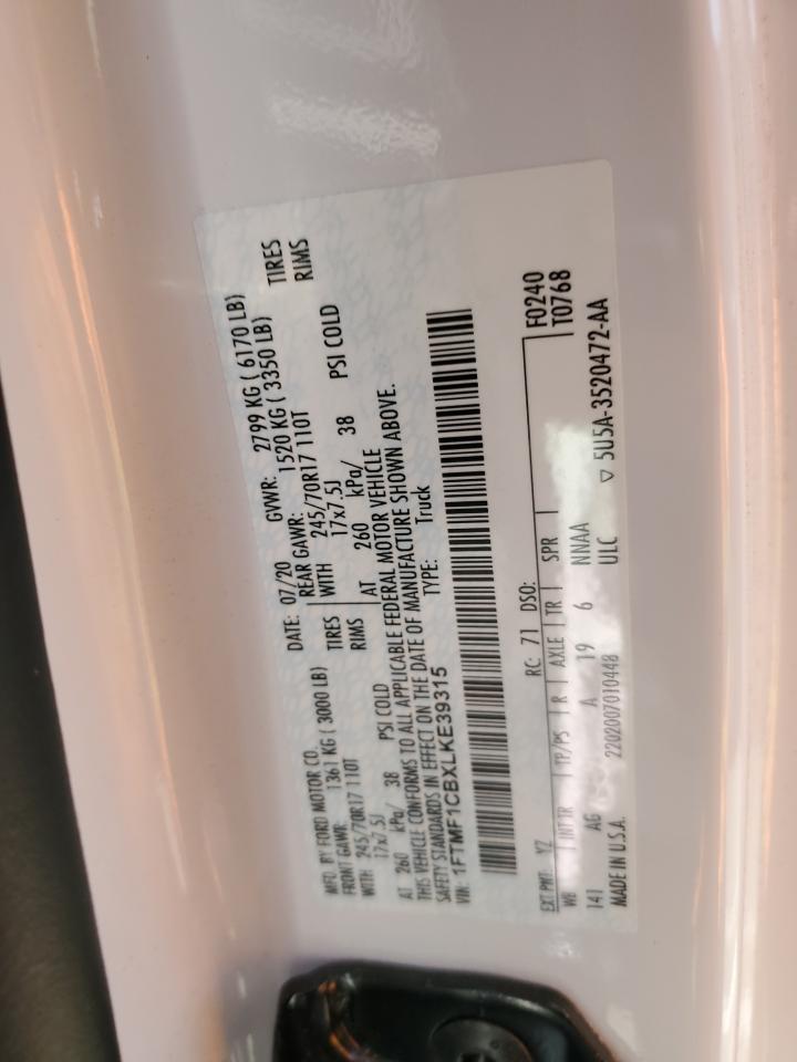 2020 Ford F150 VIN: 1FTMF1CBXLKE39315 Lot: 85092715