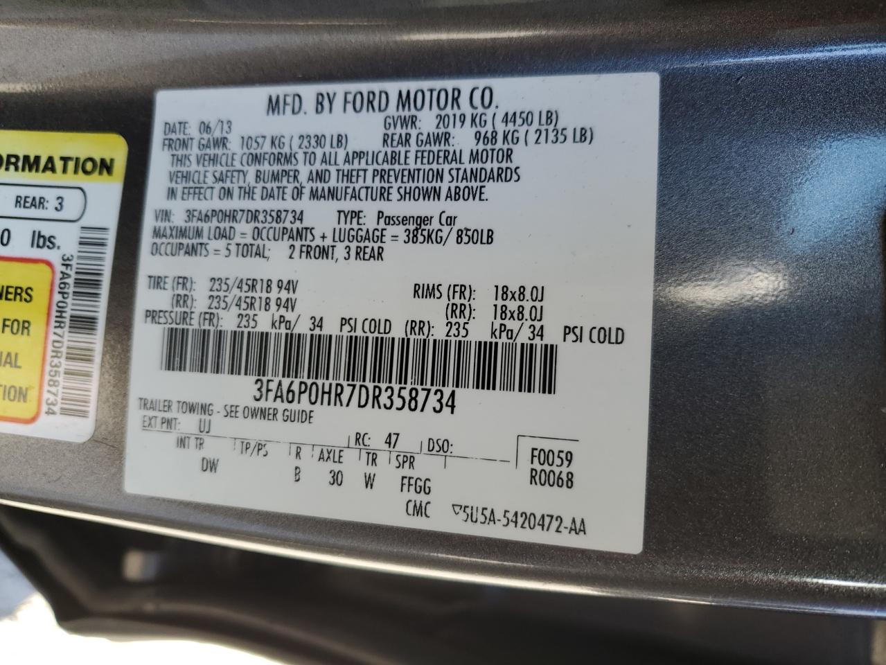 2013 Ford Fusion Se VIN: 3FA6P0HR7DR358734 Lot: 90454875