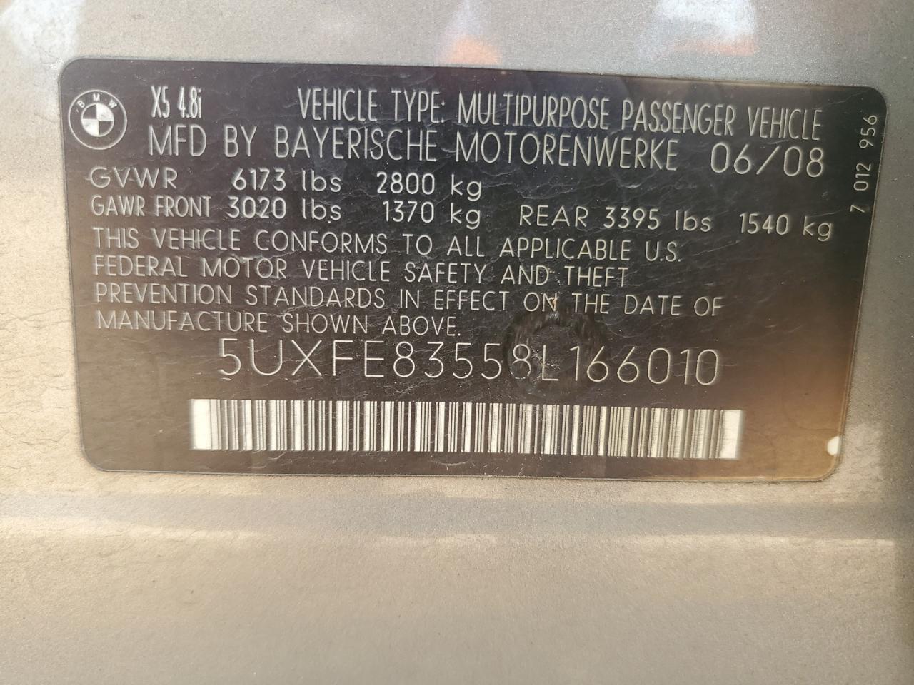 2008 BMW X5 4.8I VIN: 5UXFE83558L166010 Lot: 82340185