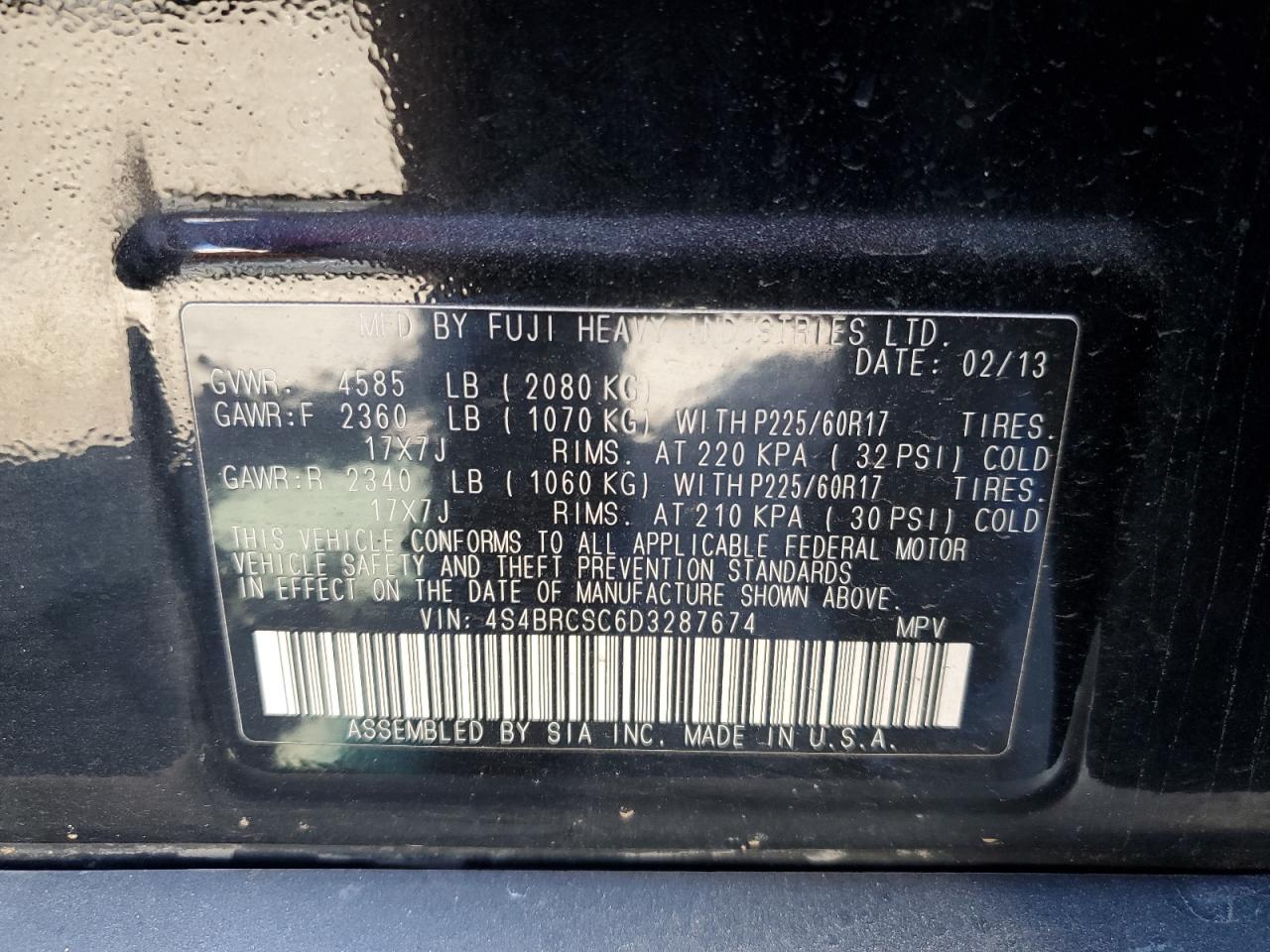 2013 Subaru Outback 2.5I Limited VIN: 4S4BRCSC6D3287674 Lot: 86709405