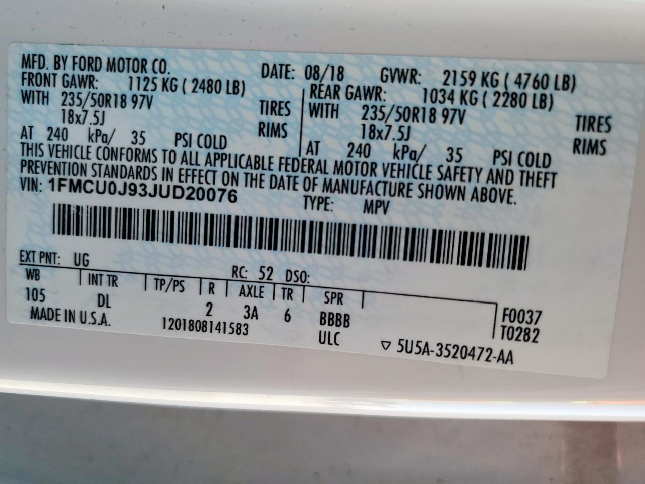 2018 Ford Escape Titanium VIN: 1FMCU0J93JUD20076 Lot: 85699415