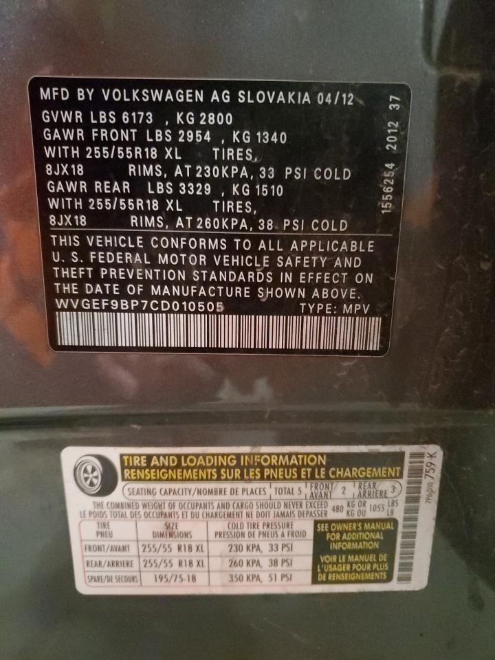 2012 Volkswagen Touareg V6 VIN: WVGEF9BP7CD010505 Lot: 85717505