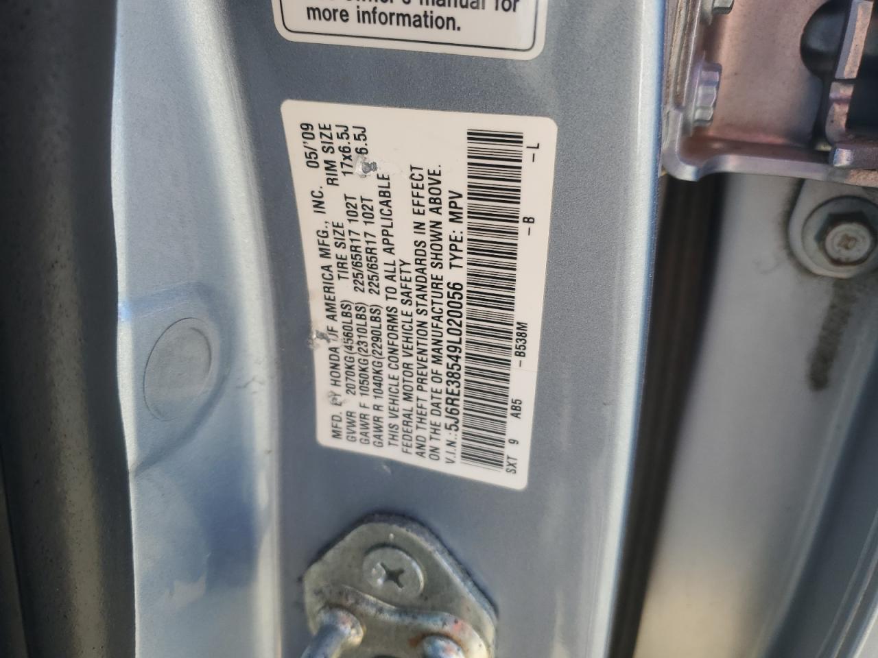 2009 Honda Cr-V Ex VIN: 5J6RE38549L020056 Lot: 86892115