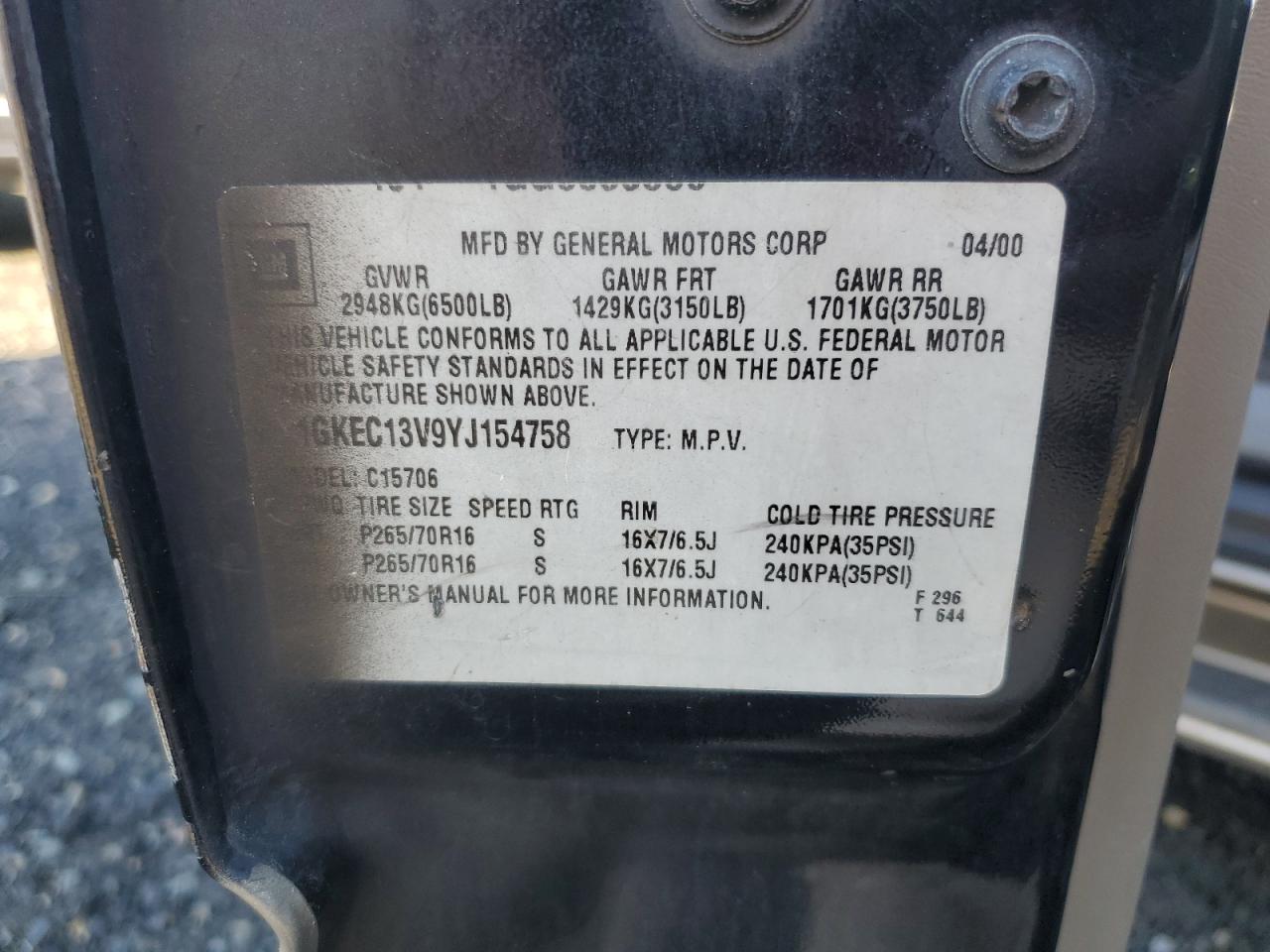 2000 GMC Yukon VIN: 1GKEC13V9YJ154758 Lot: 85518275