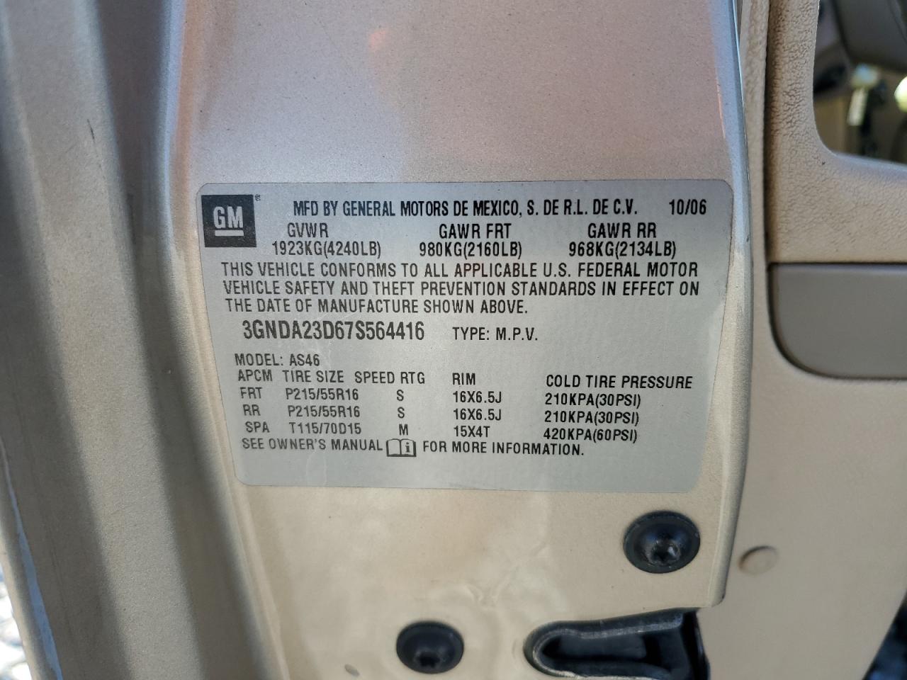 2007 Chevrolet Hhr Lt VIN: 3GNDA23D67S564416 Lot: 90799775