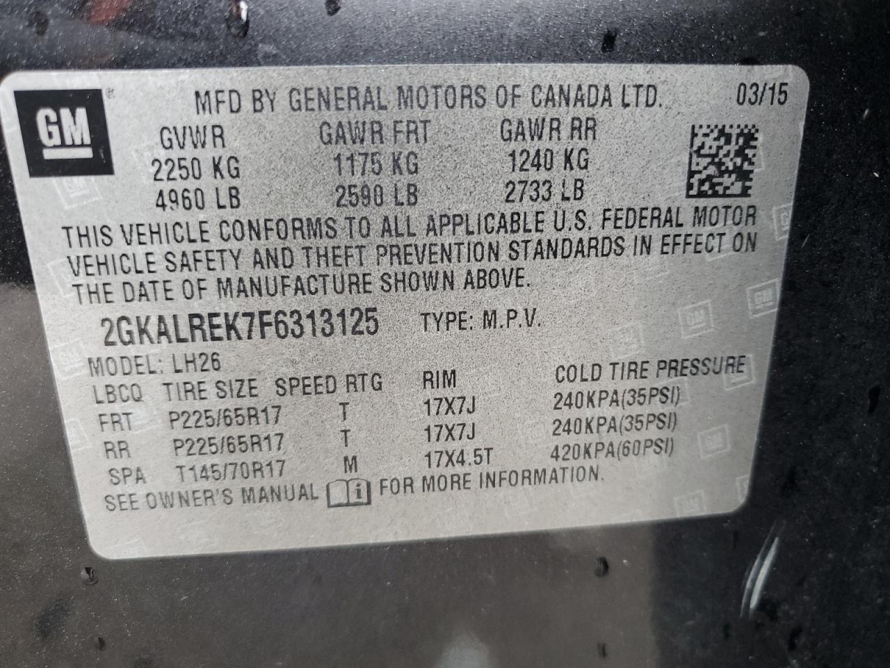 2015 GMC Terrain Sle VIN: 2GKALREK7F6313125 Lot: 84614735