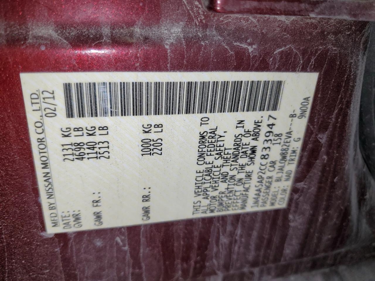 2012 Nissan Maxima S VIN: 1N4AA5AP2CC833947 Lot: 90825955