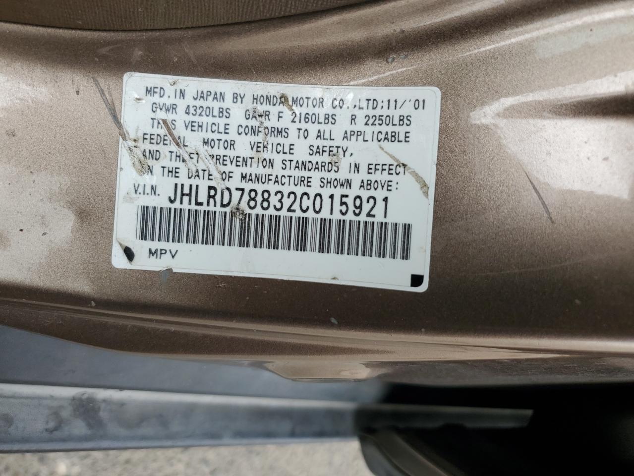 2002 Honda Cr-V Ex VIN: JHLRD78832C015921 Lot: 82473205