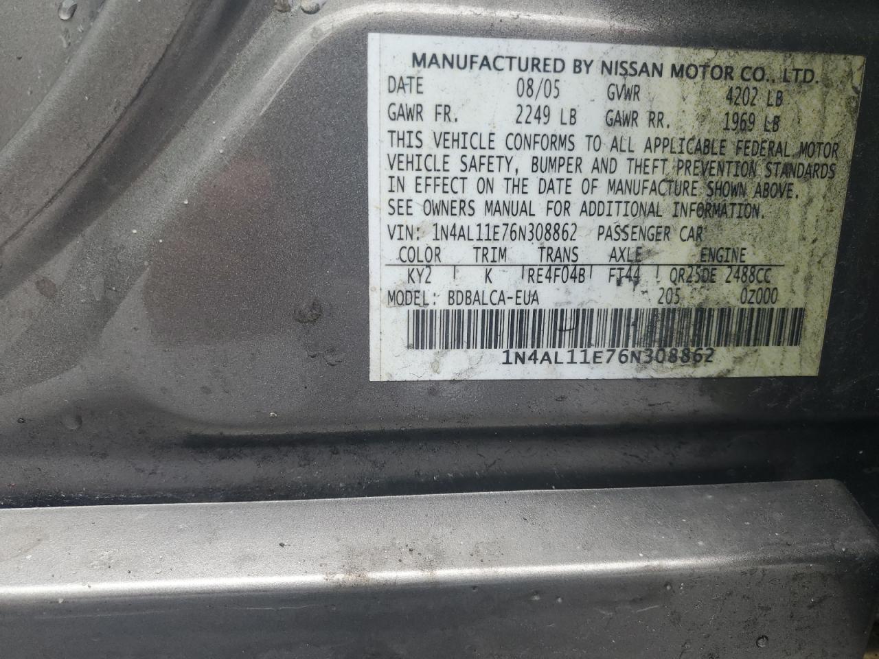 2006 Nissan Altima S VIN: 1N4AL11E76N308862 Lot: 85740255