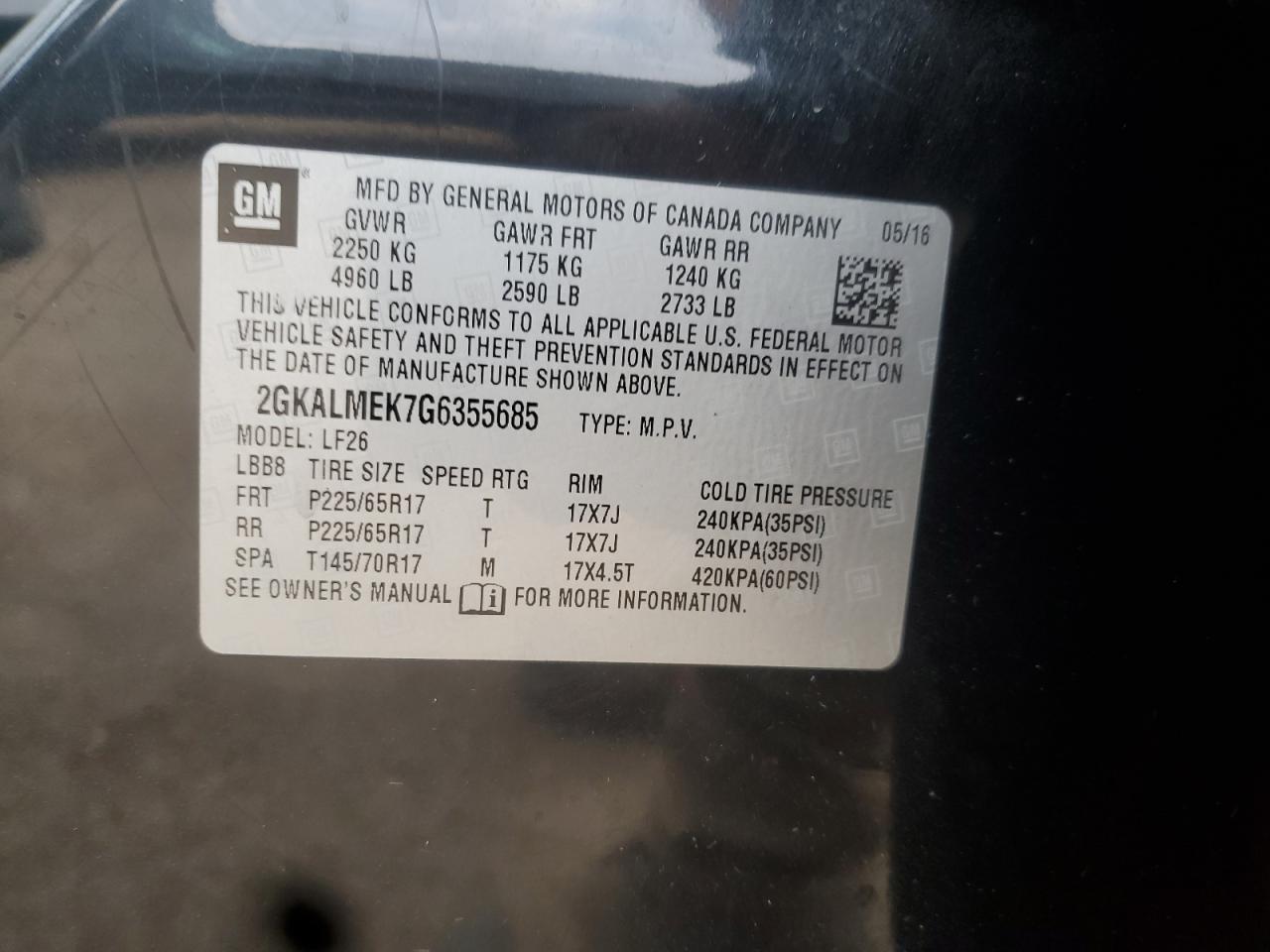 2016 GMC Terrain Sle VIN: 2GKALMEK7G6355685 Lot: 86640735