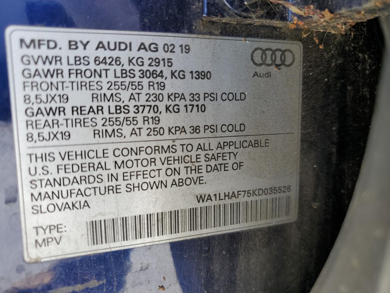 2019 Audi Q7 Premium Plus VIN: WA1LHAF75KD035526 Lot: 90050685