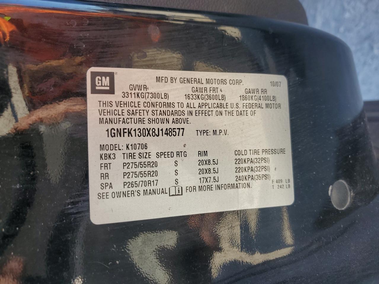 2008 Chevrolet Tahoe K1500 VIN: 1GNFK130X8J148577 Lot: 89721255