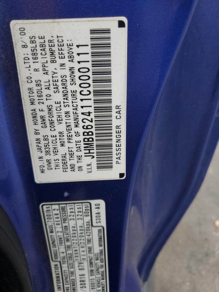 2001 Honda Prelude VIN: JHMBB62411C000111 Lot: 86265585