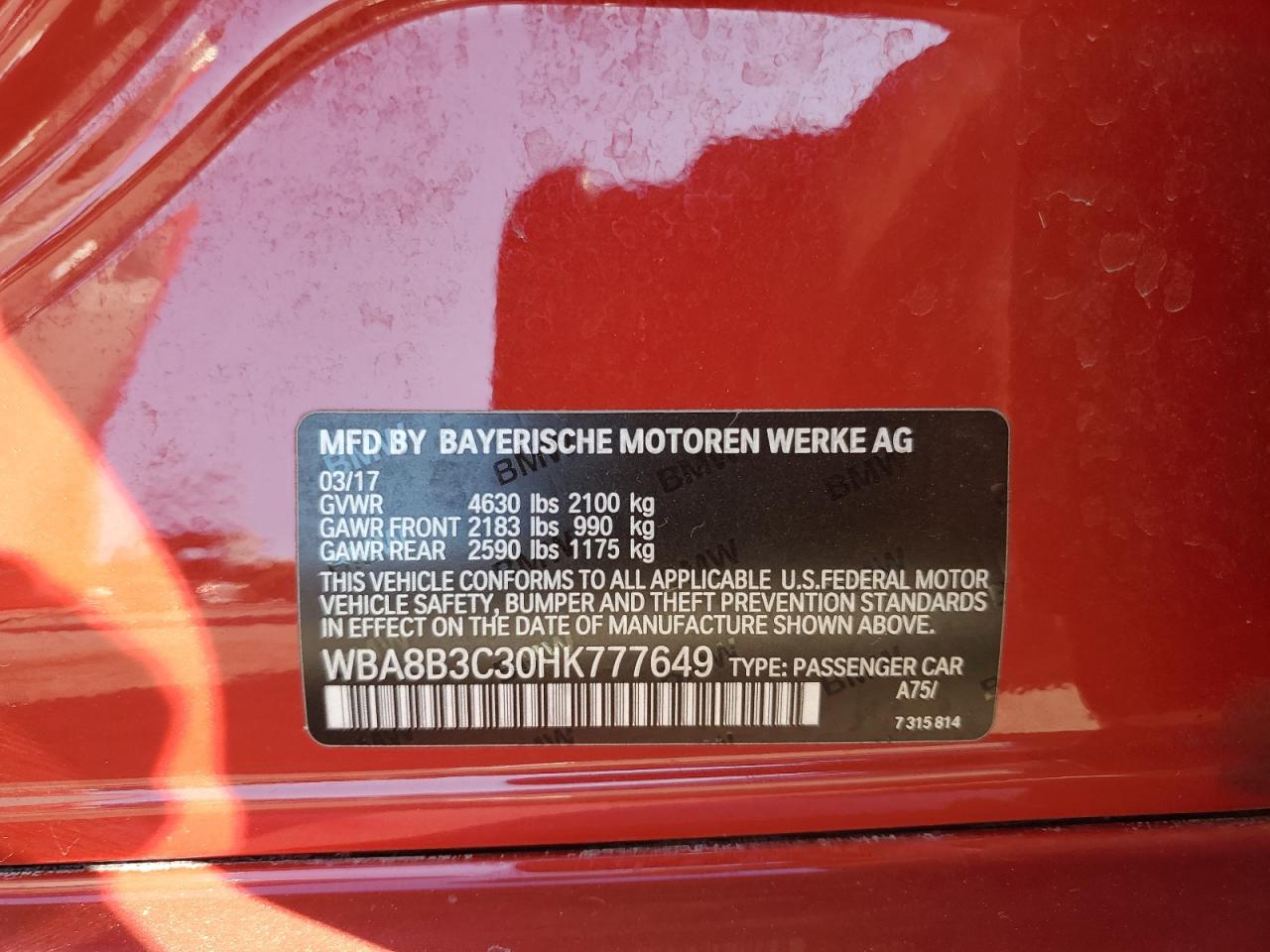 2017 BMW 340 I VIN: WBA8B3C30HK777649 Lot: 81947175