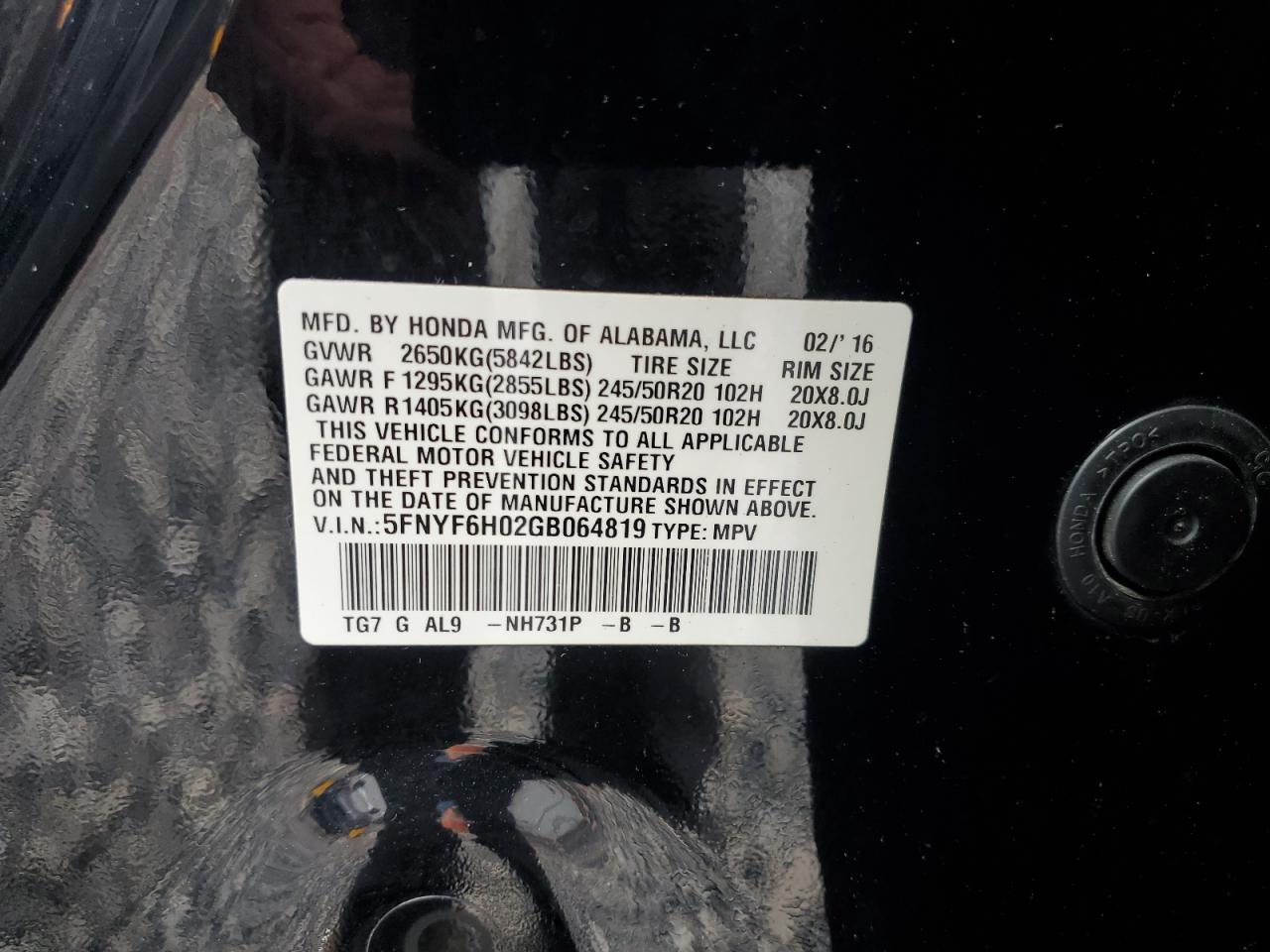 2016 Honda Pilot Elite VIN: 5FNYF6H02GB064819 Lot: 87044745