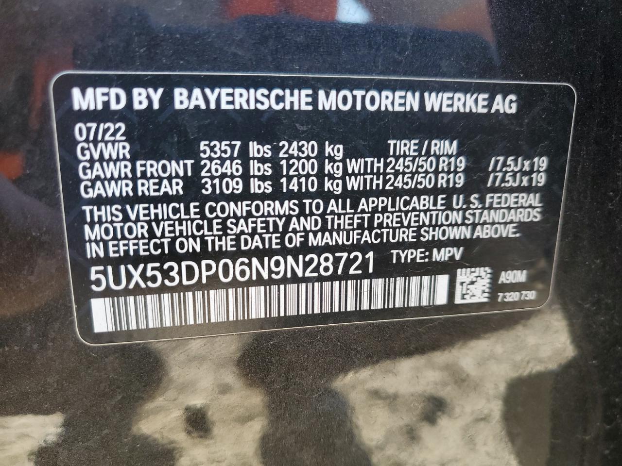 2022 BMW X3 xDrive30I VIN: 5UX53DP06N9N28721 Lot: 85904245