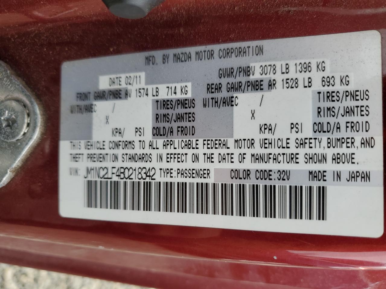 2011 Mazda Mx-5 Miata VIN: JM1NC2LF4B0218342 Lot: 85422345