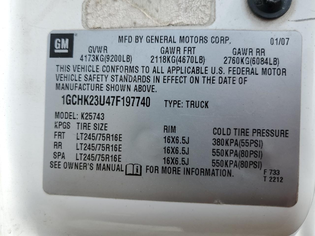 2007 Chevrolet Silverado K2500 Heavy Duty VIN: 1GCHK23U47F197740 Lot: 85652285