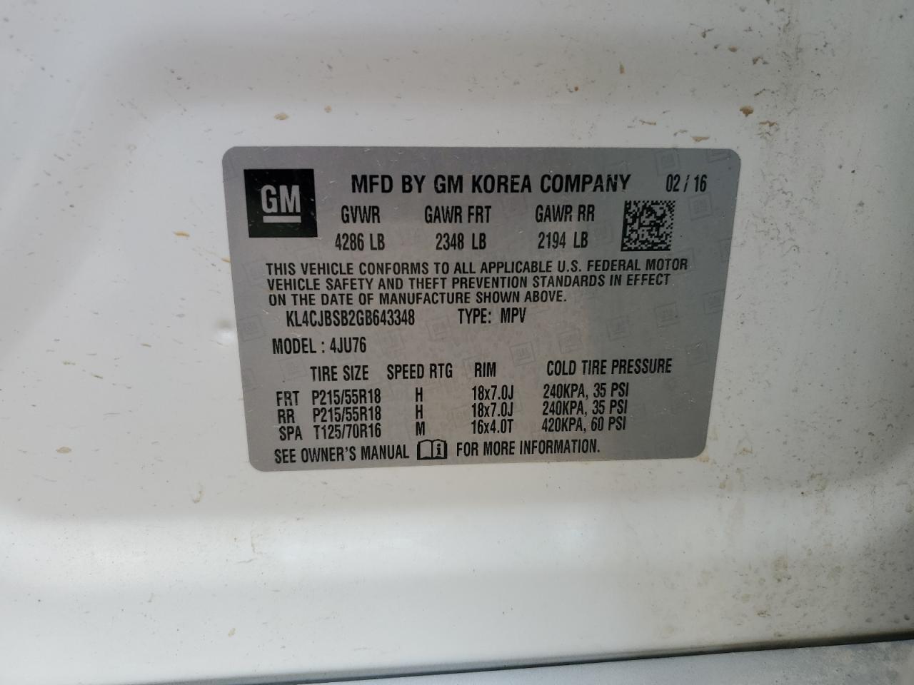 2016 Buick Encore Convenience VIN: KL4CJBSB2GB643348 Lot: 85933325