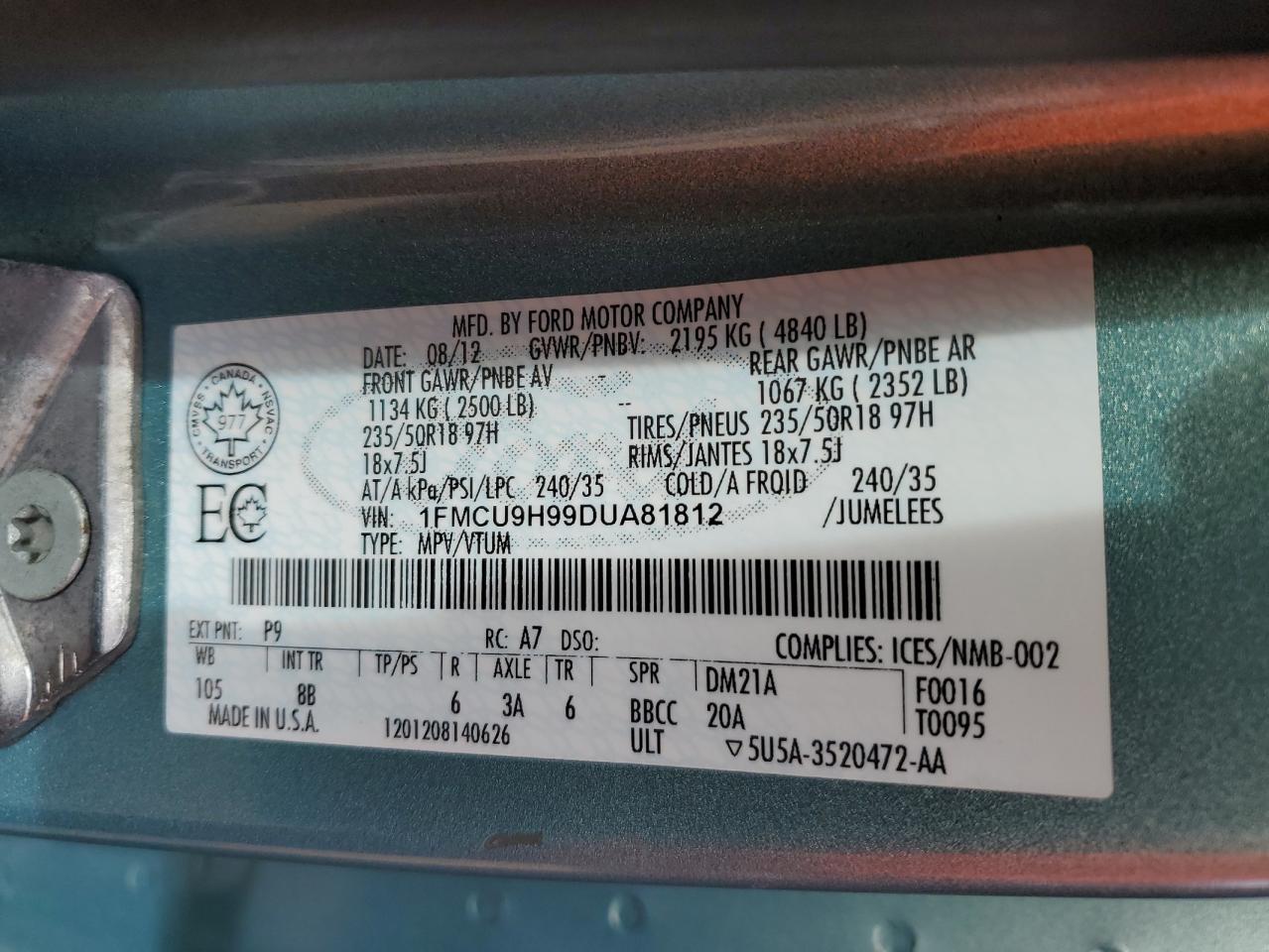 2013 Ford Escape Sel VIN: 1FMCU9H99DUA81812 Lot: 84966675