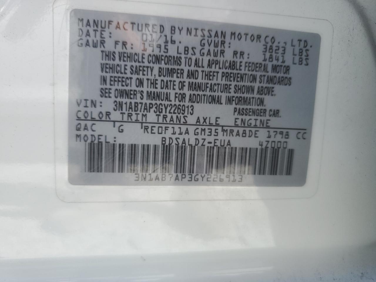 2016 Nissan Sentra S VIN: 3N1AB7AP3GY226913 Lot: 86610005