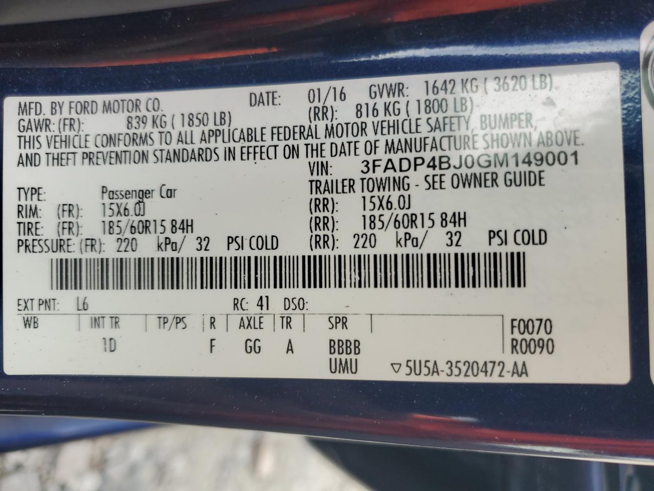 2016 Ford Fiesta Se VIN: 3FADP4BJ0GM149001 Lot: 85637885