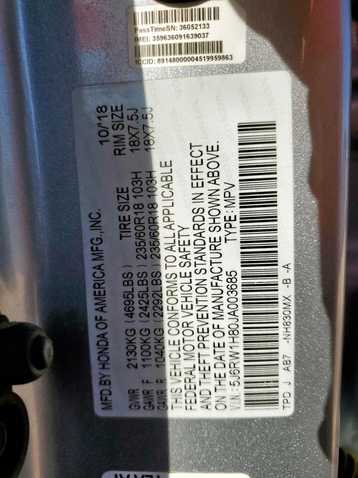 2018 Honda Cr-V Exl VIN: 5J6RW1H80JA003685 Lot: 84815335