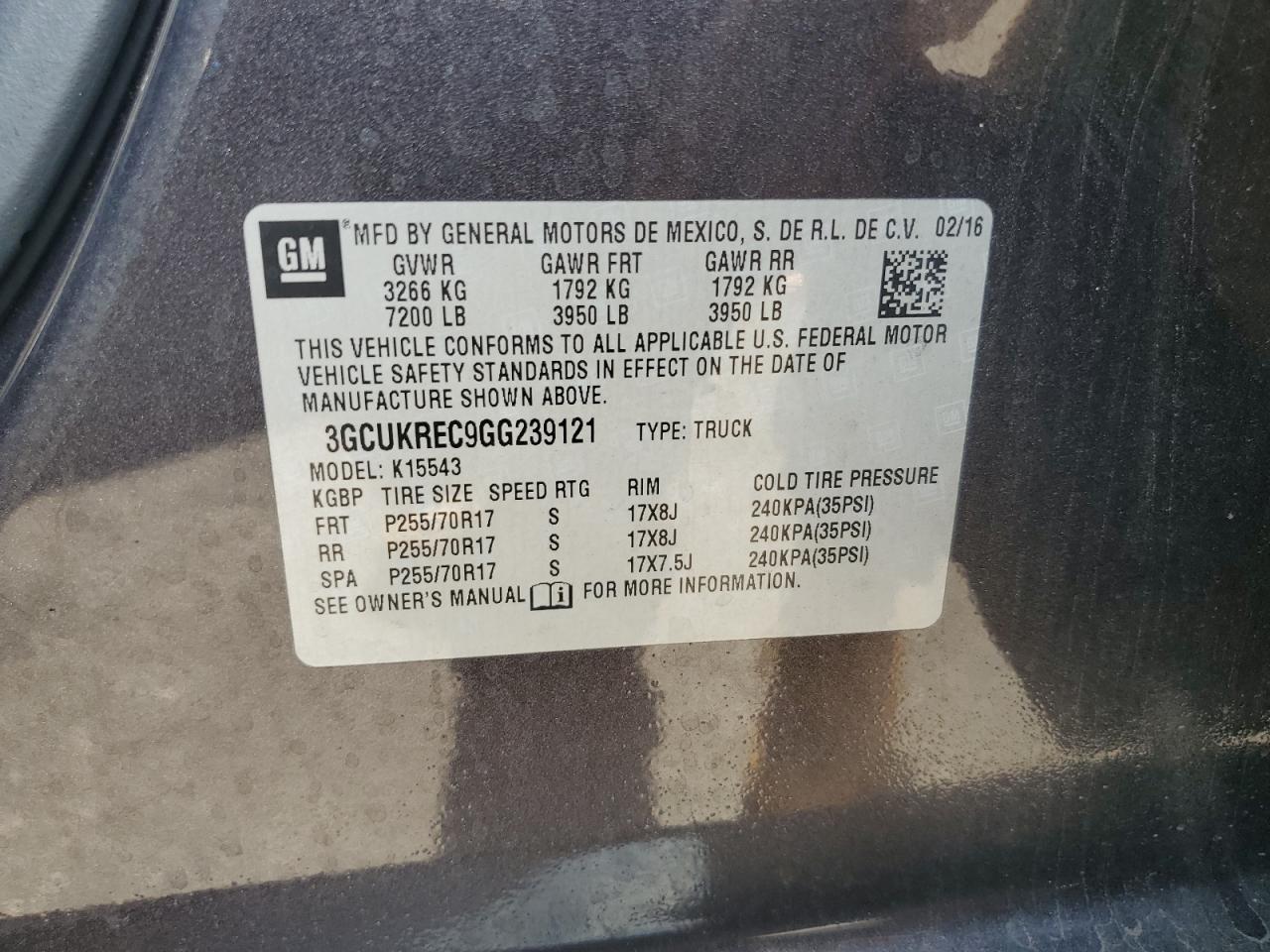 2016 Chevrolet Silverado K1500 Lt VIN: 3GCUKREC9GG239121 Lot: 84436585