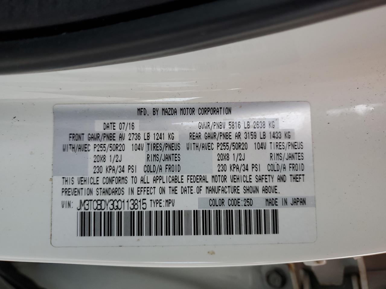 2016 Mazda Cx-9 Grand Touring VIN: JM3TCBDY3G0113815 Lot: 89703025