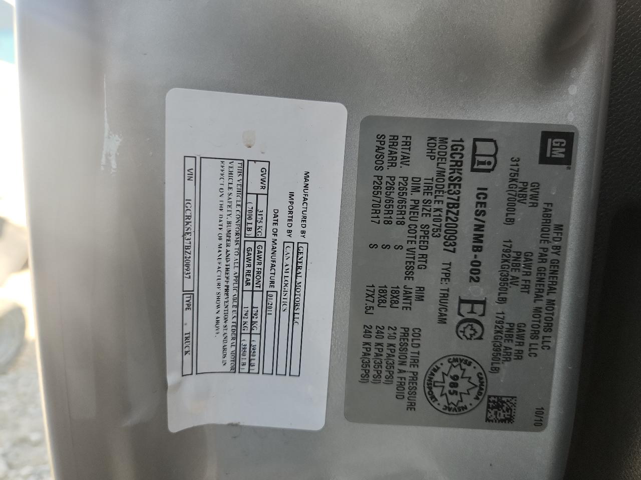 2011 Chevrolet Silverado K1500 Lt VIN: 1GCRKSE37BZ200937 Lot: 85340335