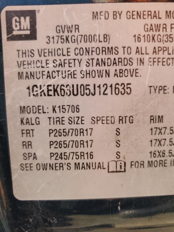2005 GMC Yukon Denali VIN: 1GKEK63U05J121635 Lot: 84059975