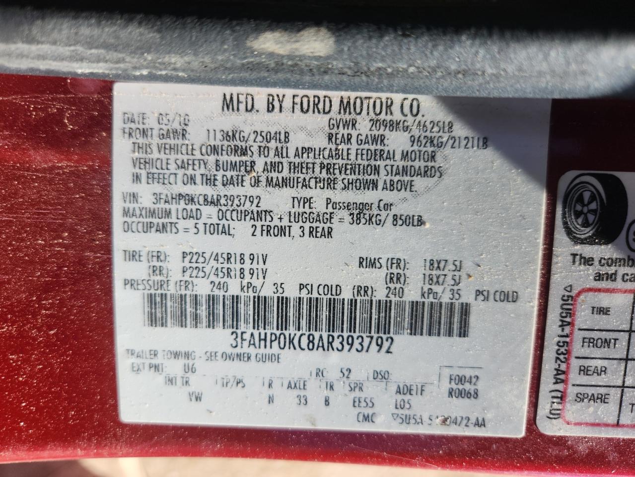 2010 Ford Fusion Sport VIN: 3FAHP0KC8AR393792 Lot: 84971595