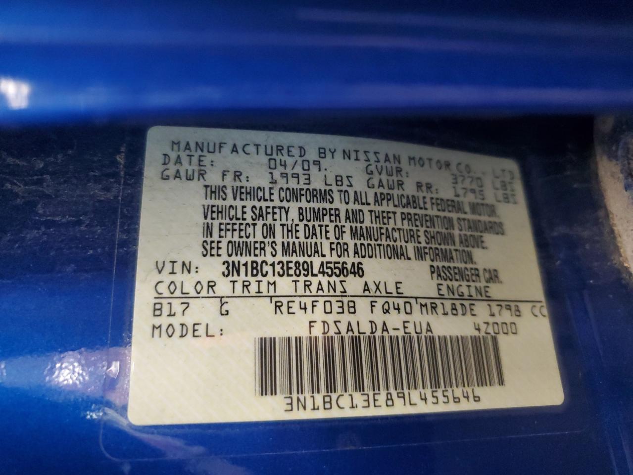 2009 Nissan Versa S VIN: 3N1BC13E89L455646 Lot: 82205715