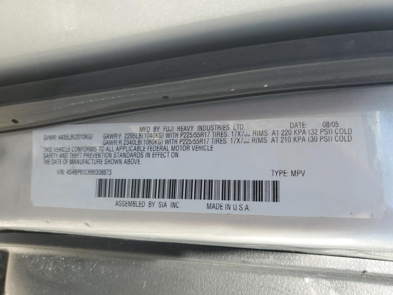 2006 Subaru Legacy Outback 2.5I VIN: 4S4BP61C666308873 Lot: 85348065