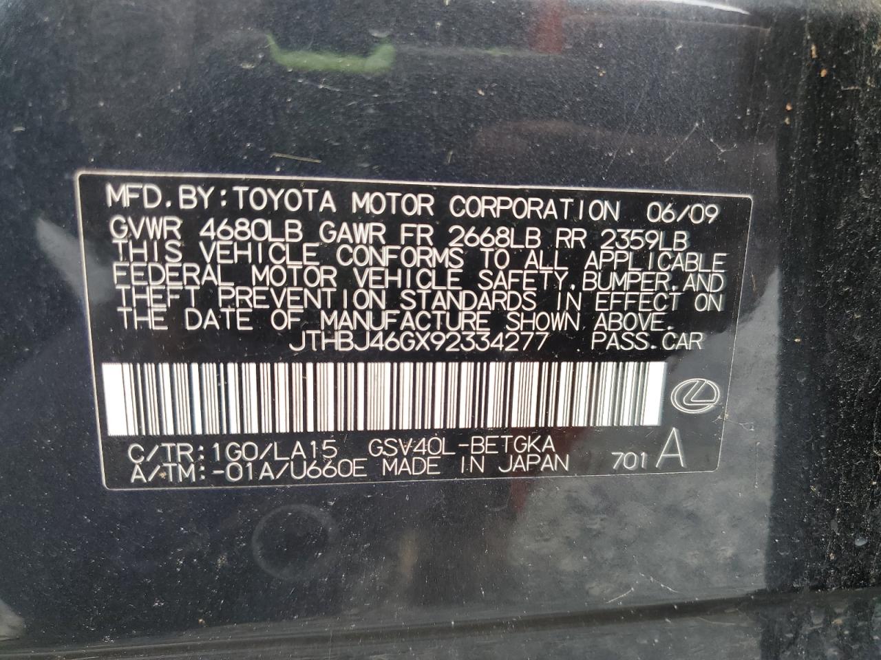 2009 Lexus Es 350 VIN: JTHBJ46GX92334277 Lot: 82288925