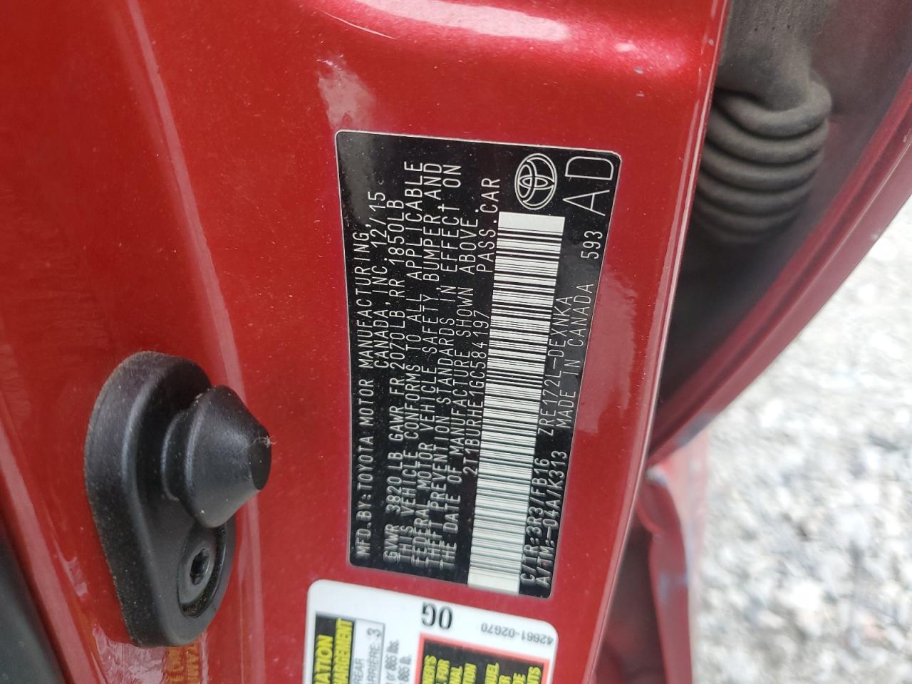 2016 Toyota Corolla L VIN: 2T1BURHE1GC584197 Lot: 82377625