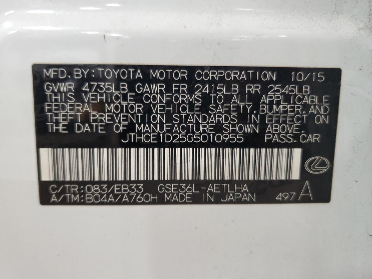 2016 Lexus Is 350 VIN: JTHCE1D25G5010955 Lot: 83994115