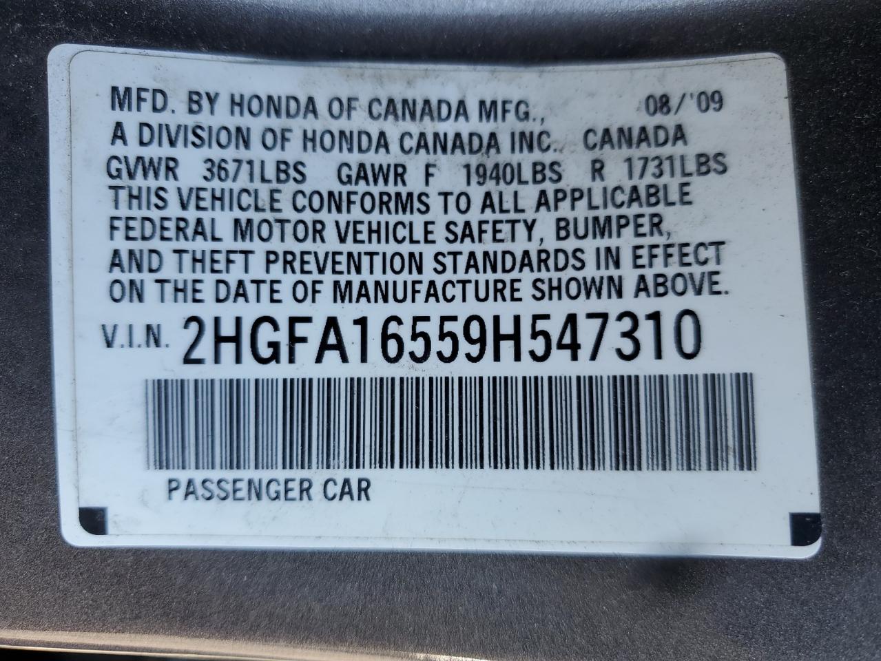2009 Honda Civic Lx VIN: 2HGFA16559H547310 Lot: 85195045