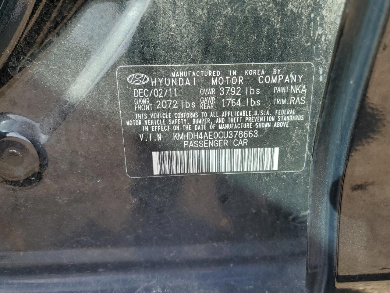 2012 Hyundai Elantra Gls VIN: KMHDH4AE0CU378663 Lot: 84877995